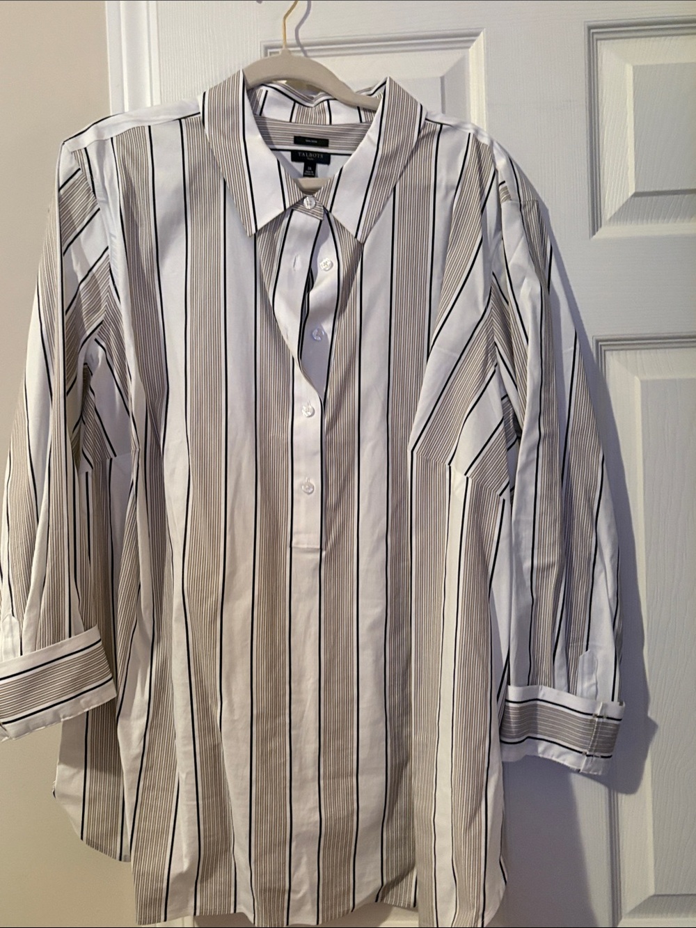 Talbots White Button-Up Blouse with Black and Tan Stripes